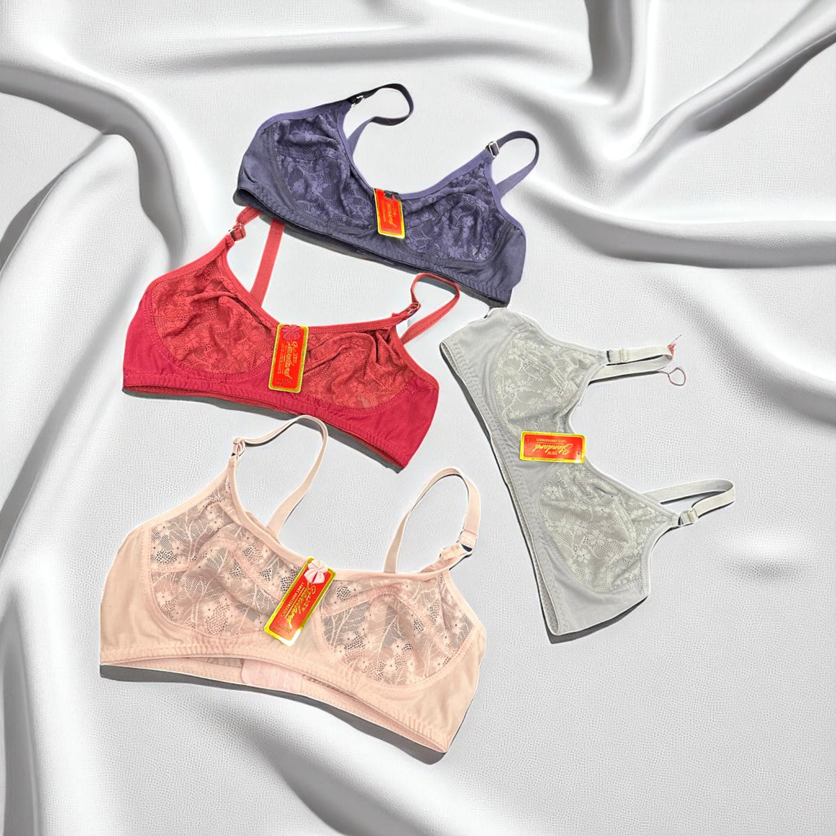 LuxeLace™ Soft Comfort Floral Embroidered Bra Set - Pack of 4