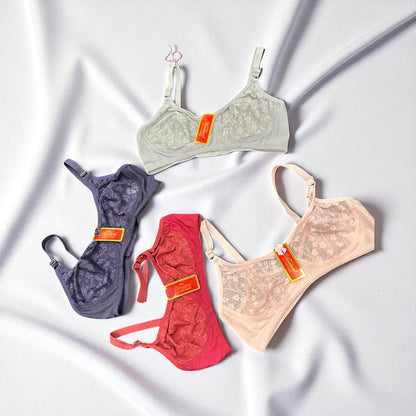 LuxeLace™ Soft Comfort Floral Embroidered Bra Set - Pack of 4